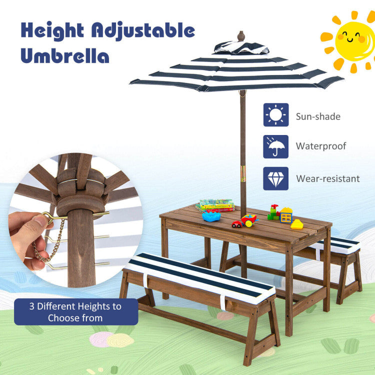 Adjustable Sun Protection: Our kid's activity table boasts a 3-position, removable umbrella made of durable Oxford cloth. Shield your little ones from the sun's rays with its robust 6-bone structure, easily adapting for indoor use.