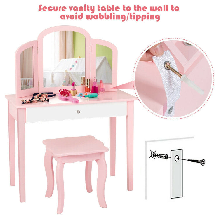 Safety First for Kids: Our vanity set prioritizes your child's safety with non-toxic, odorless paint. Rounded corners and a smooth, burr-free surface prevent accidental injuries. Additionally, the table features an anti-tipping design and can be securely fastened to the wall for added peace of mind.