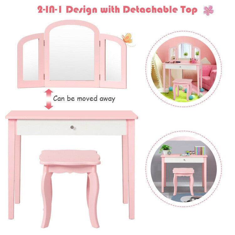Detachable Tri-Folding Mirror: The tri-folding mirror provides a high-definition reflection from all angles, allowing kids to assess their makeup and hairstyles with ease. The detachable top can be conveniently removed, transforming the vanity into a writing or reading desk when needed.