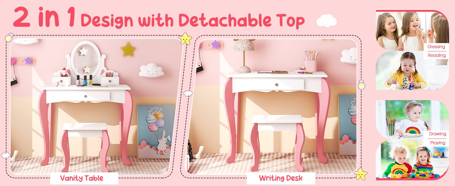 360-Degree Rotating Vanity Table Set: Elevate your child's grooming routine with our vanity set featuring a 360-degree rotatable mirror. Dual functionality allows it to transform into a writing desk for versatile use.