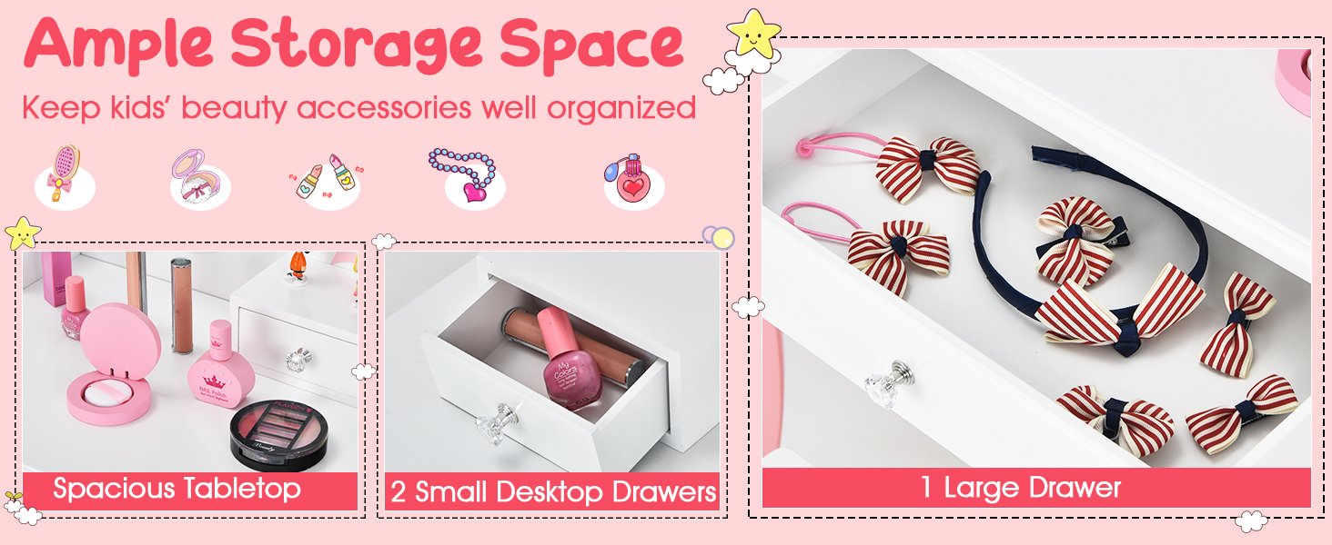 Storage-Savvy Makeup Station: Unleash your child's creativity with our vanity table equipped with drawers for organizing jewelry, cosmetics, and accessories. The included stool adds comfort, and its space-saving design is perfect for any room.