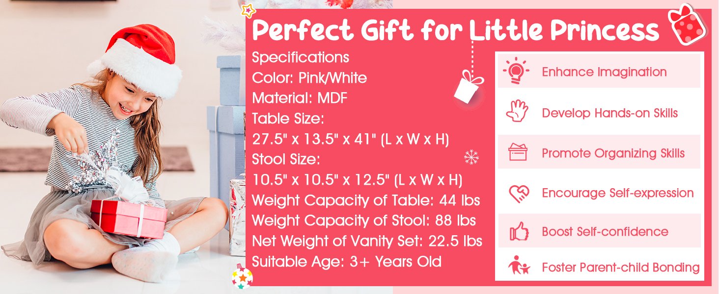Ideal Kids' Gift - Vanity and Desk Combo: Make your child's day special with our charming vanity set – a thoughtful birthday or Christmas gift. The perfect-sized furniture for your little one's room.