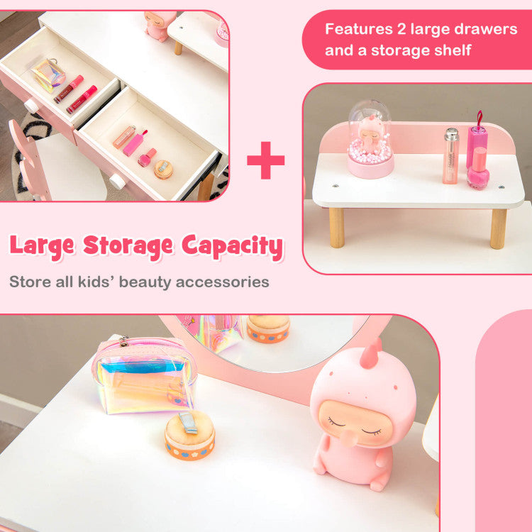 Ample Storage Capacity for Organization: Say goodbye to clutter! Our kids dressing table features a spacious tabletop, a convenient storage shelf, and two large drawers, ensuring abundant storage space for all your child's essentials. The handy storage shelf is ideal for showcasing lipsticks or organizing crayons, allowing kids to easily locate and access their favorite items.