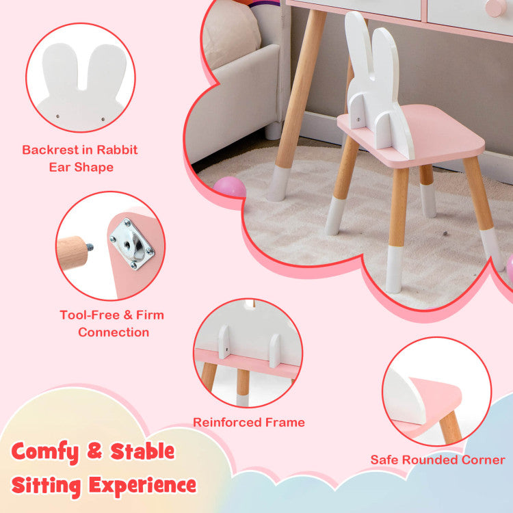 Safe and Humanized Features: We prioritize your child's safety. The rounded edges of our vanity table protect against accidental scratches and bumps, while the cute and user-friendly round handles on the drawers ensure easy opening and closing. The accompanying chair is designed with an ergonomic backrest, providing utmost comfort during use.
