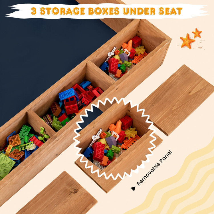 Convenient Bench Seating and Hidden Storage: Designed for comfort and convenience, this sandbox boasts built-in bench seats, each capable of supporting up to 200 lbs. Flip the seat plates to reveal 3 hidden storage compartments, perfect for organizing sand toys and tools, creating a clutter-free play environment.