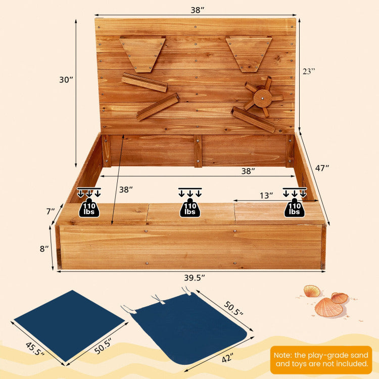 Effortless Assembly and Dimensions: Detailed, illustrated instructions make assembling this kids' sandbox a breeze. Once completed, it measures a spacious 47.2" x 39.2" x 30" (L x W x H), with the ground liner spanning 45.5" x 50.5" (L x W).