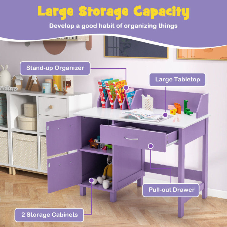Spacious Storage Capacity: Our kids' study desk comes with a convenient tabletop organizer, pull-out drawer, and 2 cabinets for ample storage, ensuring easy access to books and school supplies. Ideal for fostering organization skills in children.