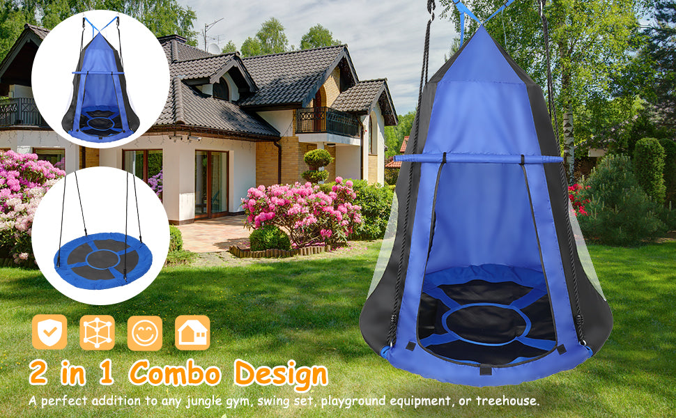This hanging tree swing tent provides you with a cozy and comfy nook to satisfy sensory needs. Combined the tent and standard platform swing, it can be served as a reading nook, resting pod and hanging chair. furthermore, the detachable tent with netting window and rolling door not only ensures the ultra safe swing, but also gives kids private areas.
