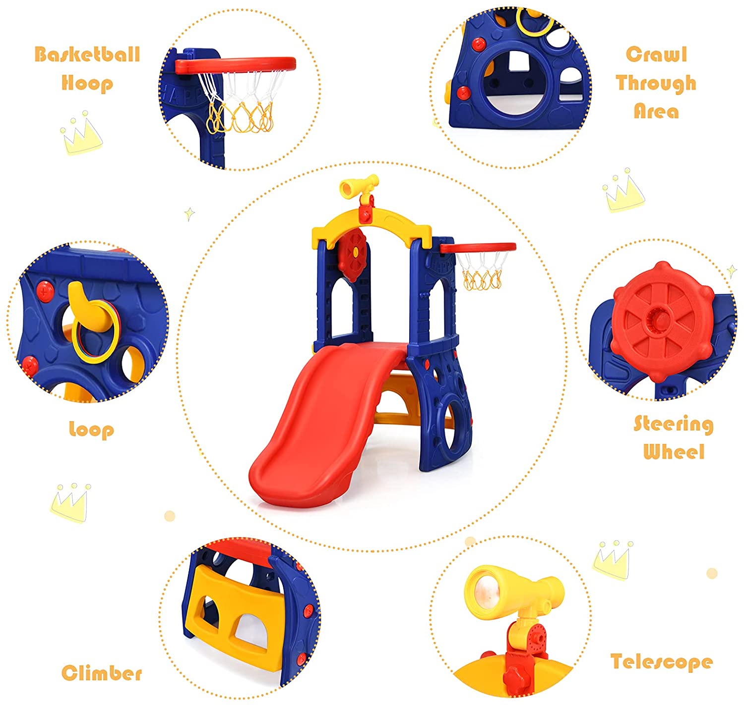 6-In-1 Freestanding Slide: BABY JOY 6 in 1 versatile kids slide combines with climber, basketball hoop, telescope, ring toss and steering wheel, which can enhance kid's motor nerve and physical development abilities. Thus, kids can choose their favorite activity as they like.
