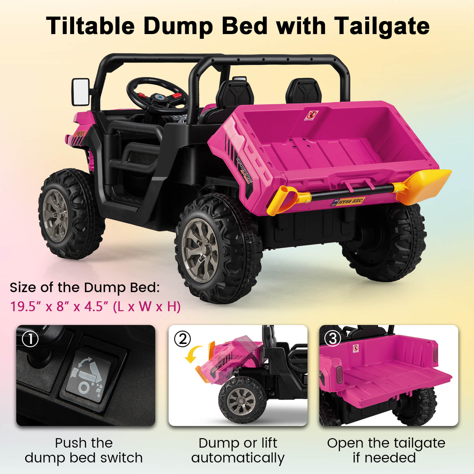 Automatic Dump Bed and Extra Shovel: Elevate your child's playtime with the unique tiltable dump bed, allowing for automatic dumping and lifting at the push of a switch. Equipped with an additional shovel, little ones can have endless fun loading sand, collecting fallen leaves, and more.