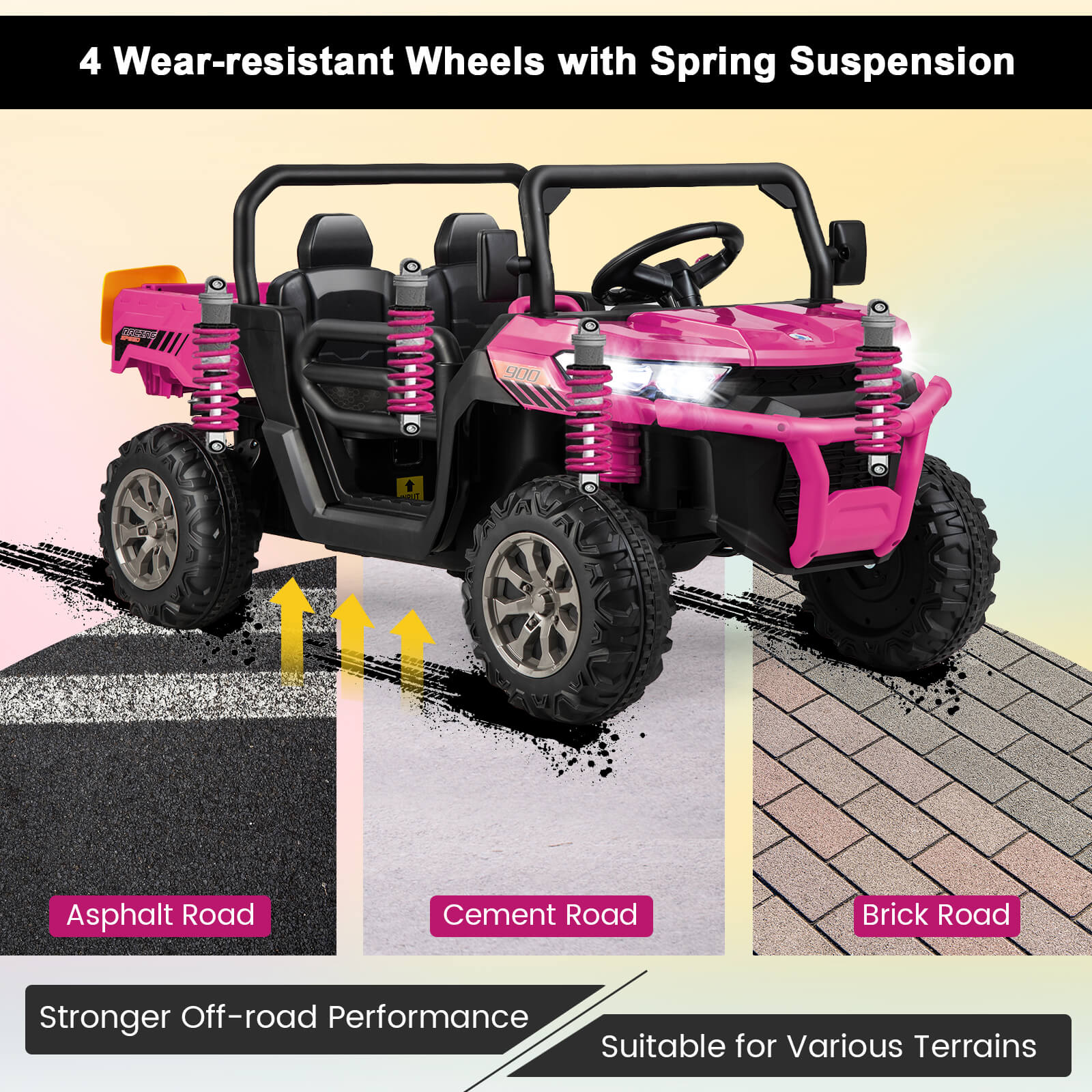 Powerful Off-Road Performance: Equipped with four extra-large, wear-resistant wheels, and spring suspensions, our dump truck offers enhanced off-road capabilities. Dual powerful motors and a 12V rechargeable battery ensure better and longer driving fun. Kids can navigate the UTV effortlessly on asphalt, cement, and more.