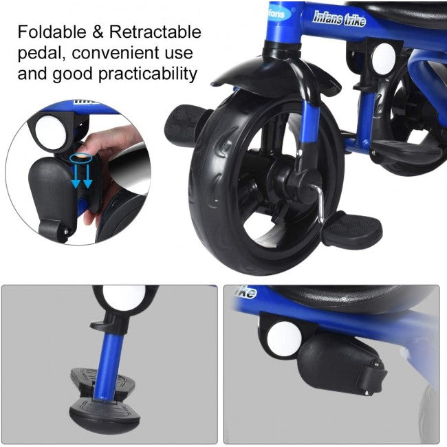 Foldable & Retractable Pedal: There are retractable foot pegs on the frame to let the baby's feet have the right place to place under puling stroll mode. There is a front wheel clutch to release or limit the foot pedal according to the needs.