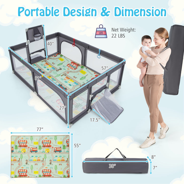 Portable Design and Compact Dimensions: When not in use, this versatile play yard easily disassembles into a space-saving configuration. It conveniently includes a carry bag for effortless storage and transport, with dimensions of 38" x 8" x 7" (L x W x H).