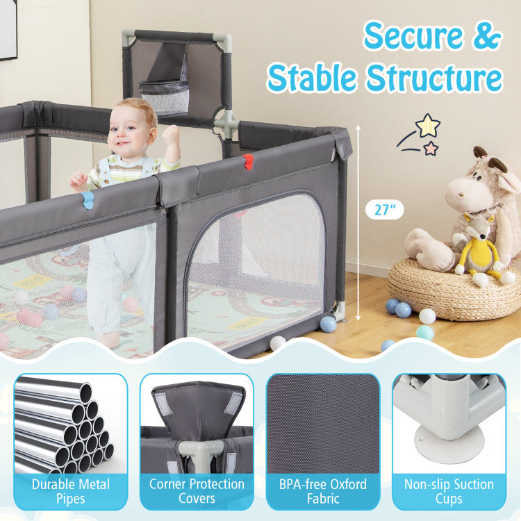 Safe Materials and Sturdy Construction: This baby playpen is constructed with BPA-free Oxford fabric, offering a comfortable and secure play space. Corner protection covers prevent accidental bumps, and the robust metal pipes, along with 4 non-slip suction cups, guarantee stability and prevent tipping or wobbling.