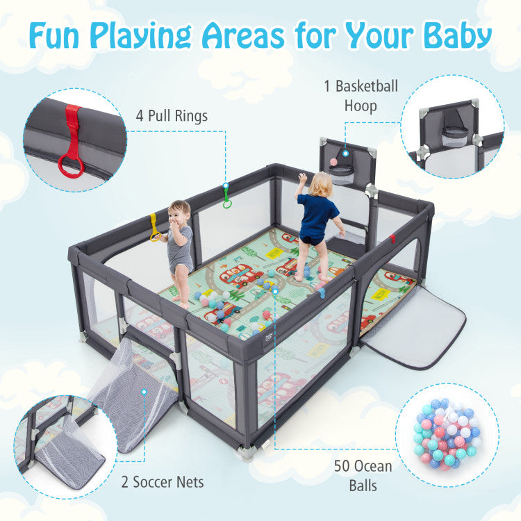 Exciting Baby Playpen: This spacious baby playpen boasts dimensions of 81" x 57" x 27" (L x W x H)(excluding basketball hoop and soccer net), providing ample room for 7-8 children to play, explore, and develop. It features 4 pull rings to encourage standing and includes 1 basketball hoop, 2 soccer nets, and 50 ocean balls for added entertainment.