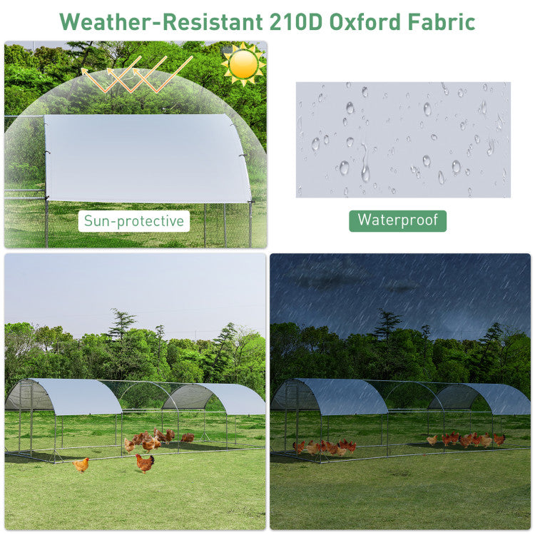 Weatherproof and Sun-Resistant Canopy: Our expansive metal poultry cage comes with a sun-protective and waterproof 210D Oxford cloth cover. This offers shelter for your poultry on sunny or rainy days. The spring buckle clip allows for easy cover removal when necessary.