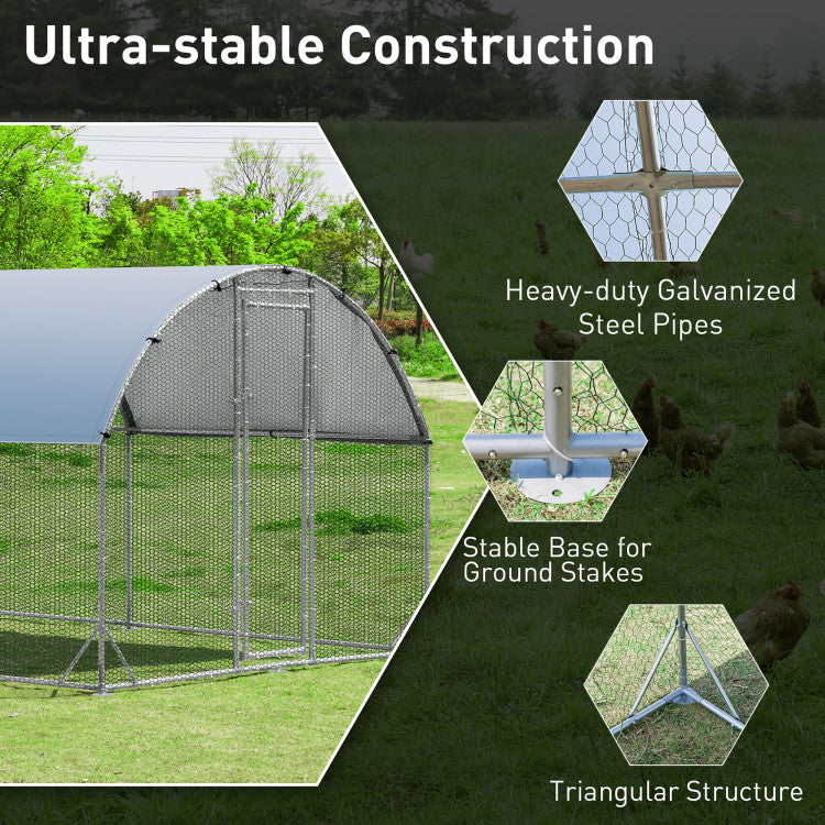 Unrivaled Strength and Endurance: Crafted from a robust galvanized metal frame, this chicken coop boasts exceptional strength, rust resistance, and long-lasting outdoor durability. Its stable triangular design, along with ground stakes, ensures superior stability even in challenging conditions.