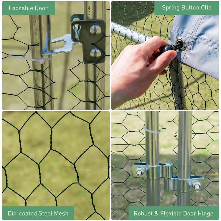 Secure Access and Safety Features: The walk-in pen run includes a lockable door with a sturdy metal latch, effectively preventing any unwanted escapes, especially during feeding or cleaning. The dip-coated wire mesh, designed in a tight and dense pattern, not only enhances safety but also ensures excellent air ventilation.