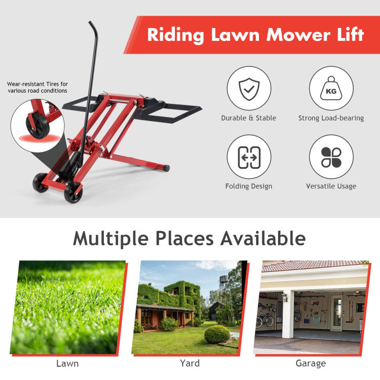 Sturdy Frame Provides Large Carrying Capacity: Made of welded and heavy-duty solid steel, the lawnmower lift can support 500 lbs, so you don't need to worry about the situation that the mower is too heavy to repair. Besides, it is not easy to rust with the painted surface.