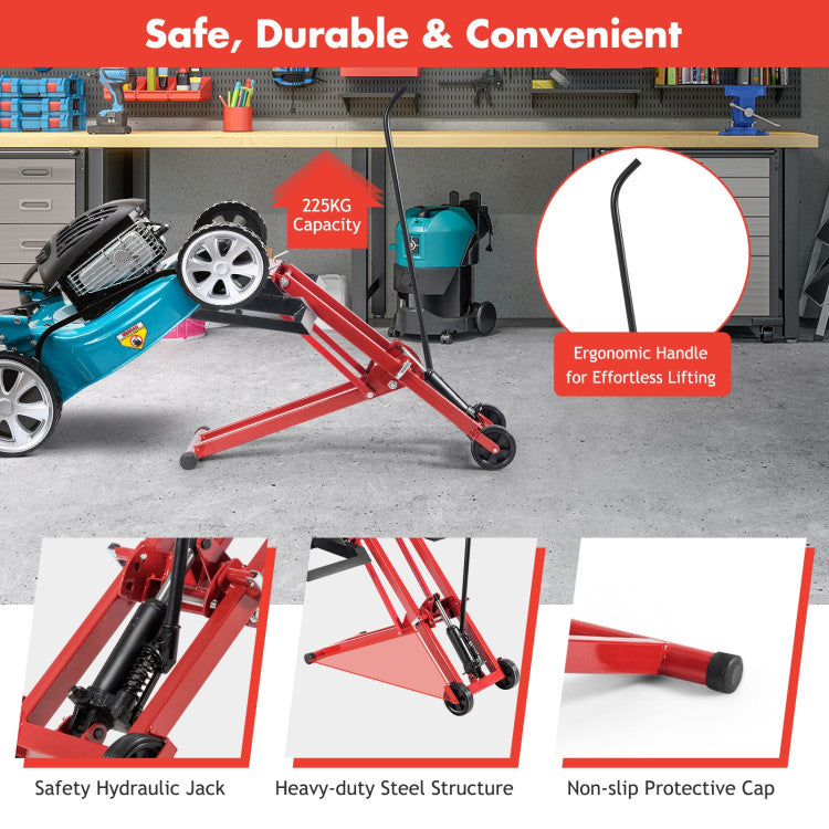 Multiple Safety Design: Two cradles of the lift help you secure the tires easily to prevent the mower from skidding on the way up. In addition, the braking puller on both sides can well fix the lift and prevent the machine from collapsing suddenly during maintenance, thus ensuring safety.