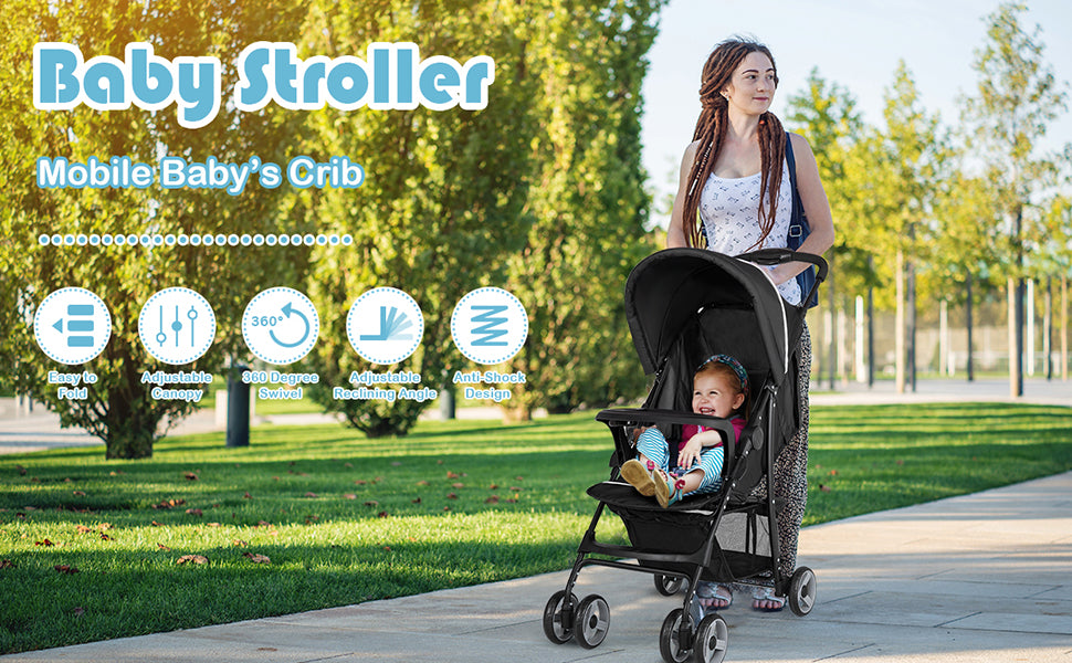 With the Lightweight Easy Fold Compact Travel Baby Stroller, you don’t have to sacrifice any features you want in a stroller! This infant stroller has a durable, lightweight and stylish steel frame and is one of the lightest and most feature rich convenience strollers on the market. With a compact, easy to fold frame and carry strap, you can be on-the-go running errands or traveling or stow and go with ease. Some of the features in this lightweight stroller include: a large seat area, 3 position recline, 5-point safety harness, anti-shock front wheels, lockable rear wheels, adjustable and water resistant canopy, easy compact fold with carry strap and auto lock, large storage basket, peek-a-boo window and more.