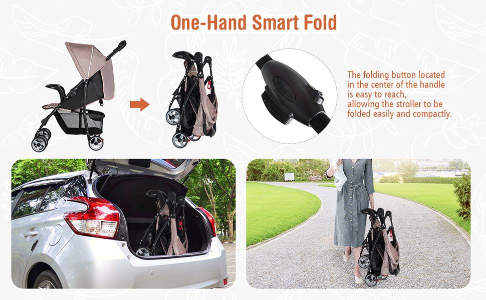 Easy One-hand Fold & Lightweight: Quickly fold the baby stroller with one hand by pressing a button on the handle. Weighing only about 13 lbs, the compact and lightweight stroller can easily fit in the trunk of a car as well as in the overhead bin of an airplane, suitable for family trips or everyday outings.
