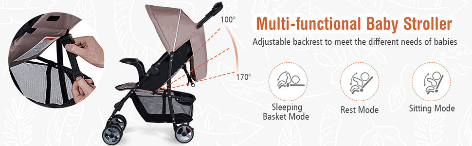 3-Position Recline: Keep your little one comfortable and safe at all times with the 3-position recline and 5-point safety harness. Maximum weight and height of child for this toddler stroller: 40 pounds and 43 inches.