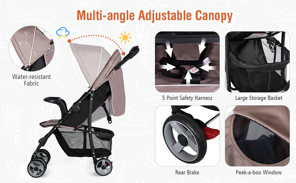 ● Adjustable Backrest & Canopy: The backrest of the baby stroller can be reclined from 100° to 170° for sitting, lying or sleeping. You can always find the most comfortable position for your little one. What’s more, the canopy can be adjusted freely according to different weather conditions, providing the best rest environment for baby.