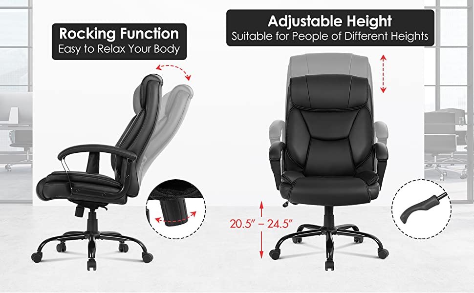 Easily Adjust to Your Ideal Height: Recognizing that personal preferences and needs can vary, our executive chair offers height adjustability. Whether you're aligning it with your desk height or tailoring it to your preferred sitting posture, it's effortlessly accomplished with the intuitive handle beneath the seat.