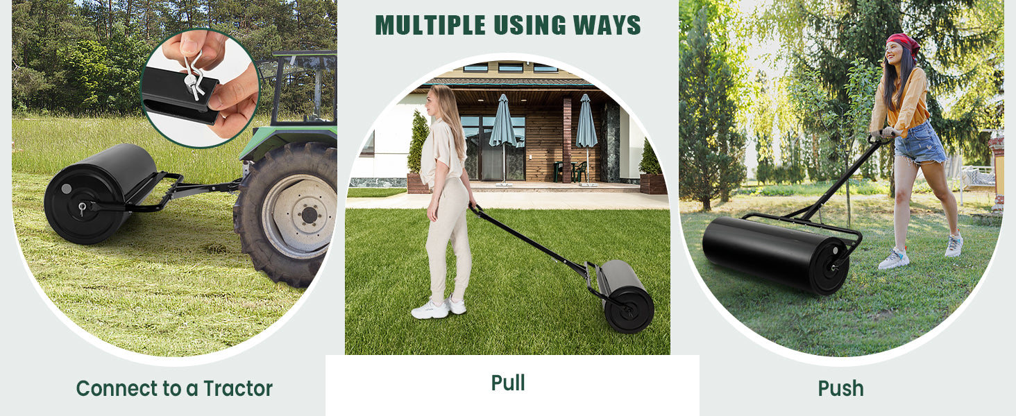 Push/Pull/Tow-Behind Combination: The steel lawn roller is equipped with a comfortable gripping handle, allowing you to push or pull to move the roller easily. More than that, the handle can be fixed on the tow bottom when not in use, therefore you can connect to a tractor to move it.