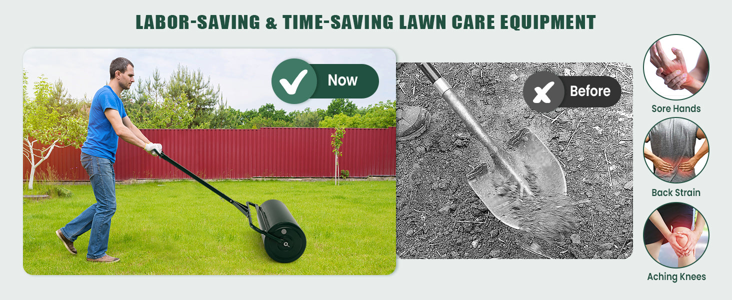 Large Capacity: This metal sod roller is designed with a large-capacity cylinder that can hold up to 63L of water or sand. And by adding its weight, the garden lawn roller helps your job done more efficiently. Besides, there exists a removable drain plug for easy filling or emptying.