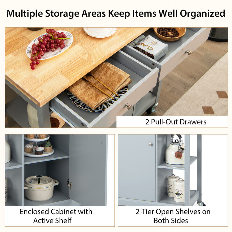 Organize Your Kitchen with Style: Experience the perfect storage solution with our kitchen island cart. It offers multiple storage areas to keep your kitchen items well-organized. With 4 open shelves, 2 deep drawers, 1 wide top, and 1 enclosed cabinet with an adjustable shelf, you can store items of various heights conveniently.