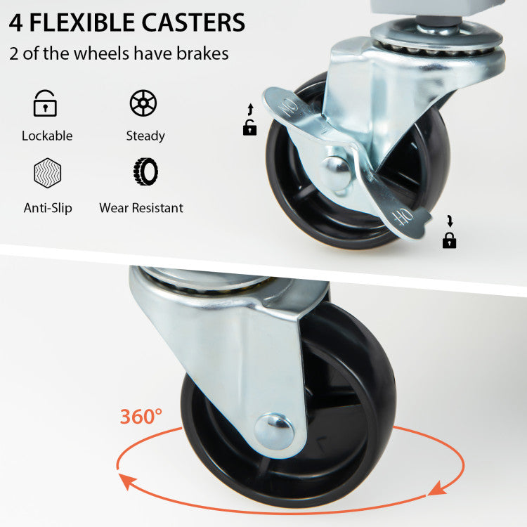 Easy Mobility with Lockable Wheels: Effortlessly move the kitchen cart with the help of 4 rotatable casters that offer a 360-degree swivel function. For added convenience, 2 of the wheels are equipped with brakes to keep the cart steady when needed. If desired, you can remove all the wheels and use it as a stationary storage cabinet.