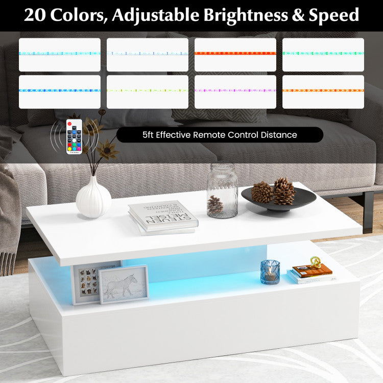 Customizable Light Show: Elevate your living space with our contemporary coffee table, featuring 20 static colors, 19 dynamic lighting modes, and adjustable brightness and speed settings. Control it effortlessly with the included remote, adding a touch of excitement to your home.