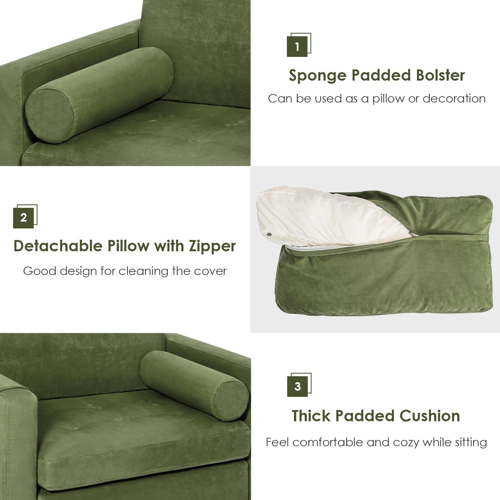 Detachable Pillow and Convenient Storage: The detachable back pillow features a zipper and is filled with A-grade cotton, goose-down, and latex particles for optimal support and comfort. The padded bolster, made with a soft sponge, adds an extra touch of coziness. Additionally, our accent chair comes with an armrest caddy holder for magazines or books, along with two convenient pockets to store remote controls.