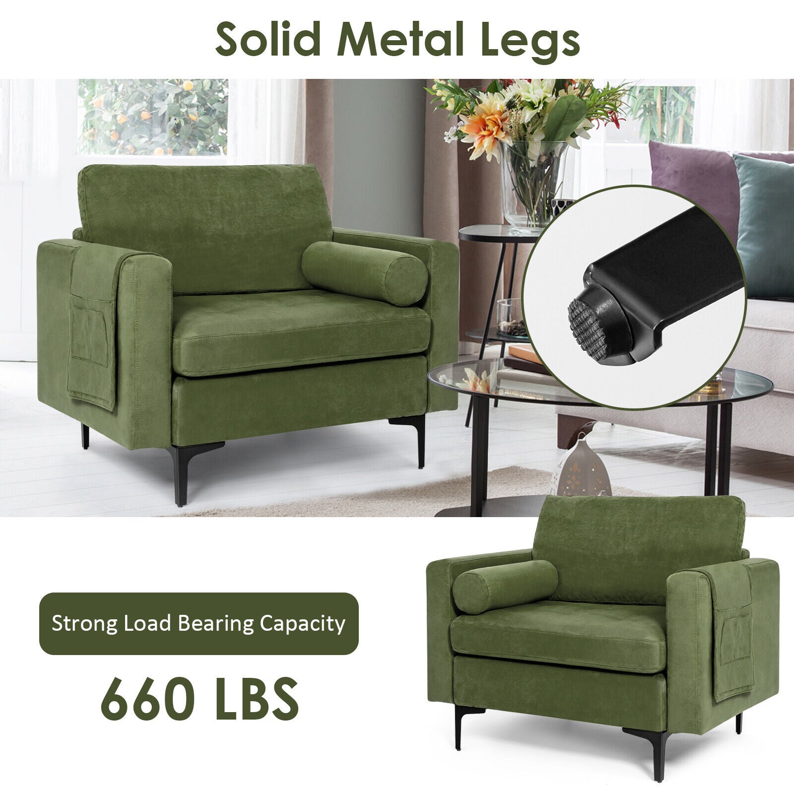 Solid and Stable Construction: Rest assured knowing our accent chair is built to last. The solid frame ensures exceptional load-bearing capacity, supporting weights of up to 660 lbs. Its sturdy metal legs provide stability and prevent wobbling or collapsing, while the anti-slip foot pads protect your floors from scratches.