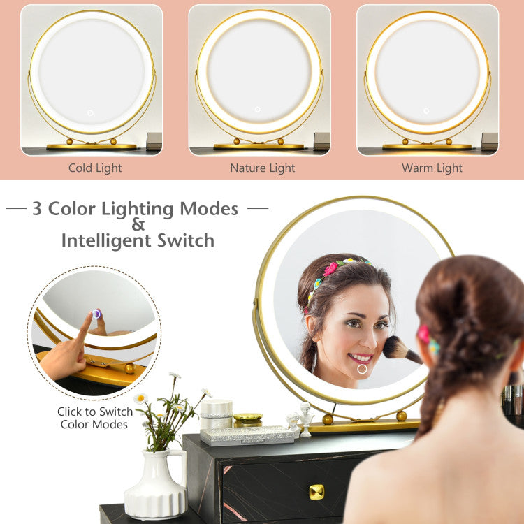 Rotatable 3-Color LED Lighted Mirror: The dressing table comes with a 360° rotatable round mirror, allowing you to check your makeup and hairstyle from different angles. Besides, you can adjust the light color and brightness according to different scenes and makeup needs through the touch screen