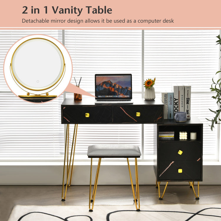 2 in 1 Table with Cushioned Stool: Featuring a detachable mirror, this makeup vanity table can be used as an ordinary writing desk or a laptop table after removing the mirror. Besides, the table comes with an extra soft sponge-padded stool that allows you to sit comfortably when doing makeup.
