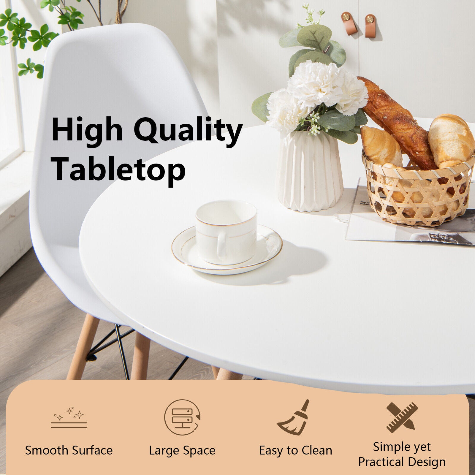 Modern and Stylish: The combination of a white tabletop and natural wood legs gives this kitchen table a seamless blend with any home decor, ranging from rustic to contemporary styles. Its sleek lines create a simple and modern aesthetic, making it an ideal addition to dining rooms, kitchens, or living rooms.