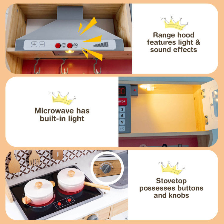 Built-in Storage with Light Effects: Under the range hood, several hooks are designed to hang over the kitchen utensil toys. The pretend oven, ice distributor, and microwave also have roomy areas for stowing and organizing purposes. Besides, the oven and microwave are fitted with lights. The lights and sound will require 4 x 1.5V AAA (not included) and 2 x 1.5V AA battery (not included) to work.
