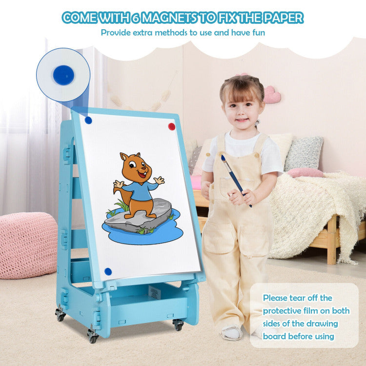 Easy to Assemble and Portable Design: Experience hassle-free assembly and portability with our kids' art easel. Our detailed manual makes setup a breeze, and with four lockable wheels, you can effortlessly move the easel around your home or secure it in place for focused painting sessions.