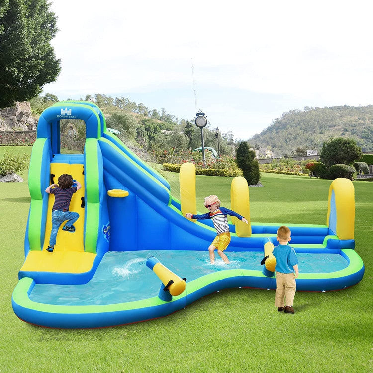 Safety First: Safety is paramount! The mesh wall in the jumping area guarantees secure bouncing and optimal airflow. A cushioned landing pad beneath the climbing wall prevents accidental tumbles. Plus, stake it securely to the ground for added stability.
