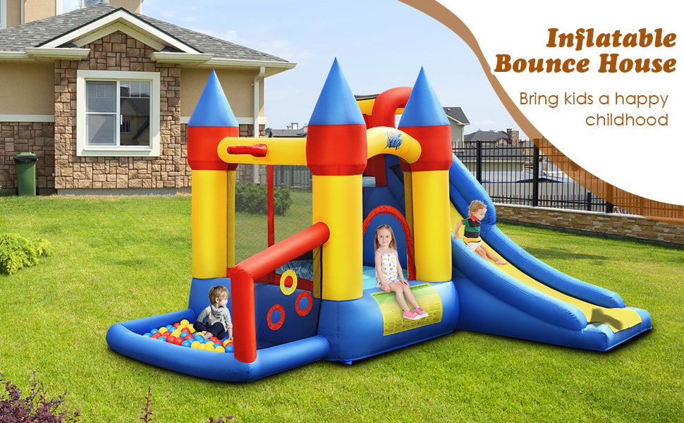 Funny Playing Areas: This Kids Jumping Bounce Trampoline Castle With Slides offers multiple areas for kids to play, like a smooth slide, a basketball rim, a jumping area, a football-playing area, and a mysterious house with 50 ocean balls, children can enjoy the fun of various of games at the same time.