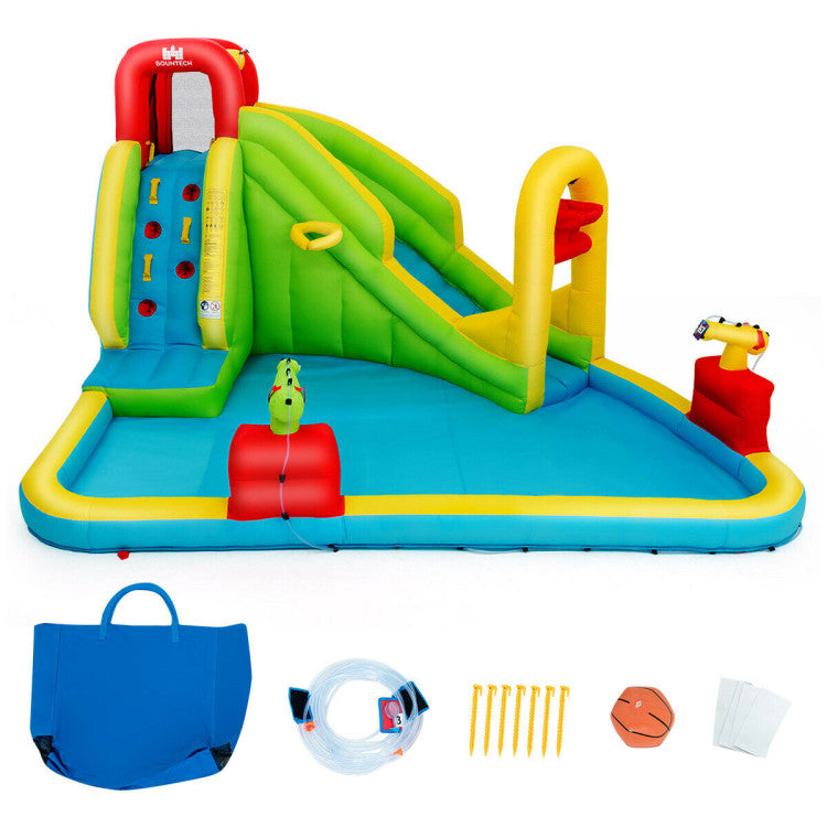 Safety First with Thoughtful Extras: The slide's upper section is enveloped by a comprehensive and breathable safety net, ensuring children's well-being during playtime. The package also includes a convenient carrying bag, 7 sturdy bouncer stakes for stability, 4 repair patches, a hose, and an inflatable ball to enhance the fun.