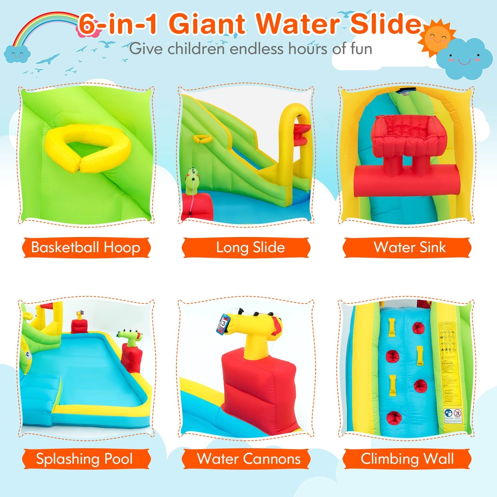 Endless Fun for Kids: This inflatable bounce house offers a world of entertainment with its versatile design. Featuring a long slide, climbing wall, splash pool, and basketball hoop, children can revel in a multitude of exciting activities simultaneously, ensuring a joyful and unforgettable childhood experience.