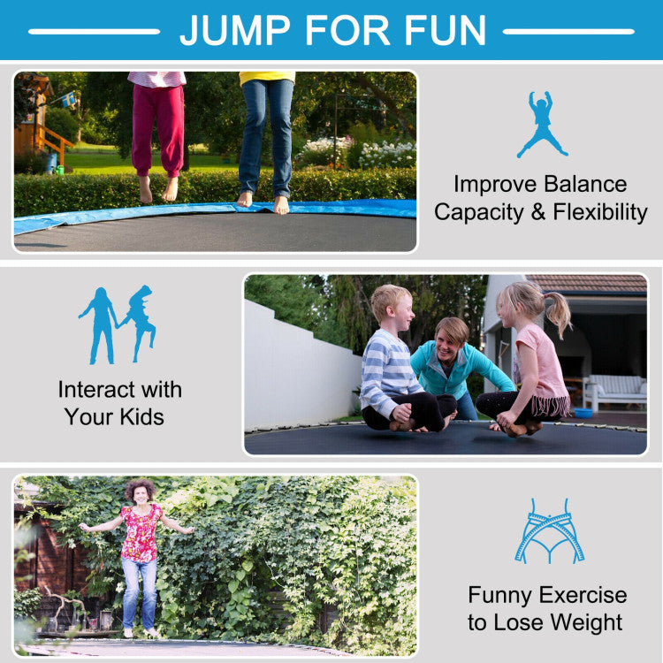 Convenient Design, Fitness-Focused: We've designed this trampoline with your convenience and fitness in mind. It comes with a stable ladder, a dual zipper, and a secure buckle-up closure system for easy access and added safety. Jumping on this trampoline is a fantastic way to exercise, targeting various muscle groups, improving balance, boosting cardiovascular fitness, and encouraging family fun and interaction.
