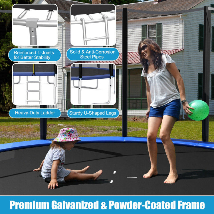 Safety First: Safety is paramount, and that's why our trampoline comes with a thickened enclosure net securely attached to the steel frame via foam sleeves. This net is not only tear-resistant but also UV-resistant, providing extra peace of mind. The 6-foot-high net adds an extra layer of safety, preventing accidental falls.