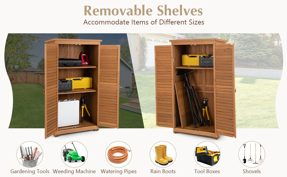 Ample Storage Space and Removable Shelves: Revolutionize your gardening experience with our 63" outdoor wooden storage shed! Featuring three removable shelves, this spacious cabinet keeps your garden tools, tool boxes, and long-handled tools in perfect order. Detachable shelves offer customizable storage solutions, ensuring everything has its designated space.