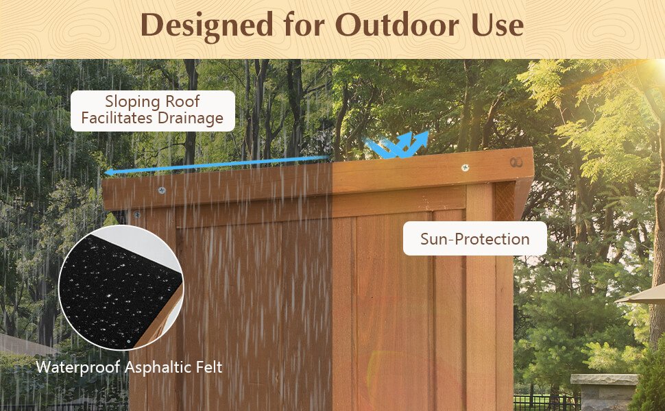 All-Weather Protection: Say goodbye to worries about the elements! The weatherproof asphalt roof, in sleek black, shields your outdoor storage from rain, wind, and harsh sunlight. The smart slope design prevents water accumulation, ensuring that your tools stay dry and your storage shed stays intact.
