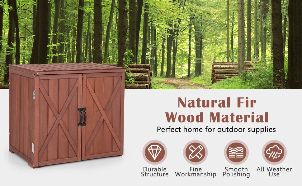 Premium Quality Construction: Crafted from high-grade fir, our storage shed boasts exceptional durability and an extended lifespan. The weather-resistant water-based paint coating not only provides anti-corrosive protection but also ensures an odorless finish, making it an ideal choice for enduring outdoor conditions.